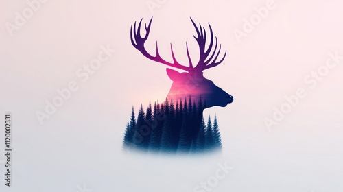 A silhouette of a deer with a sunset and forest background.