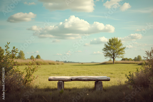 Tranquil Landscape with Rustic Log Bench in Lush Green Field photo