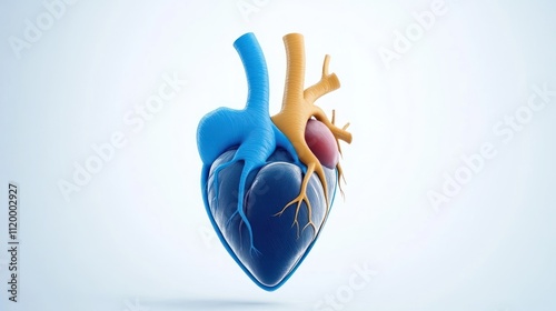 3D illustration of a stylized human heart with colorful arteries.