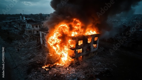 A multi-story building enveloped in fiery flames and black smoke during an intense battle scene, depicting destruction in an urban warfare setting. photo