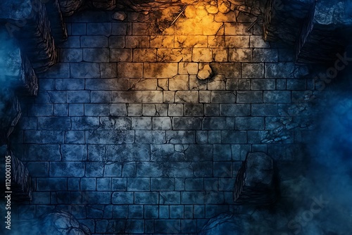Dark, atmospheric dungeon brick wall texture with light.