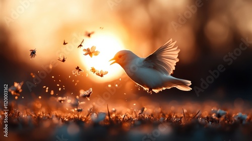 A bird in motion, encircled by vividly fluttering petals, hovers gracefully against a vibrant sunset backdrop, symbolizing freedom and the beauty of nature.
