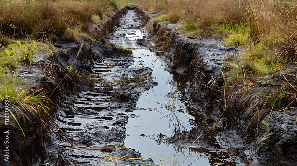Fototapeta premium Water filled drainage trenches in a moorland for draining for peat extraction