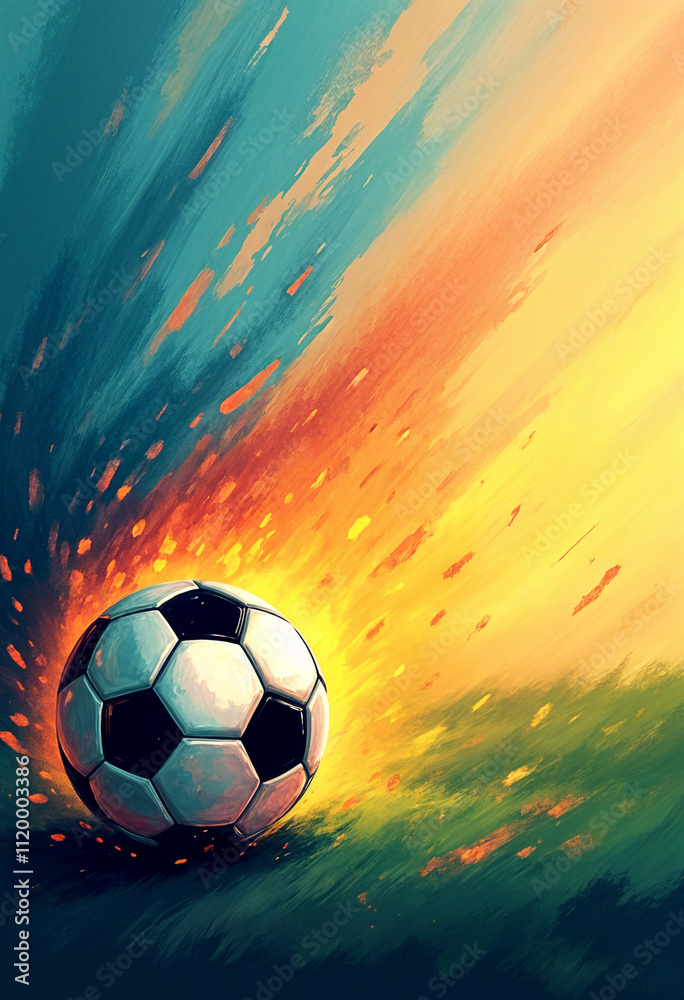 Fototapeta premium Sunlight illuminates soccer ball on green field under vibrant sky background, . Perfect for sports, outdoor, summer, soccer related design
