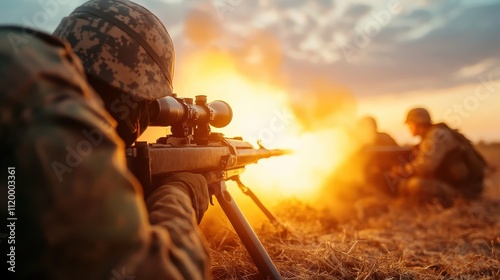 A sniper lies in the prone position aiming through the scope of a rifle with a dramatic fire explosion in the background, highlighting combat intensity. photo