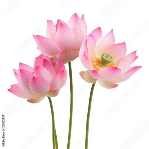 Pink lotus flowers isolated on transparent background. Vector realistic illustration.