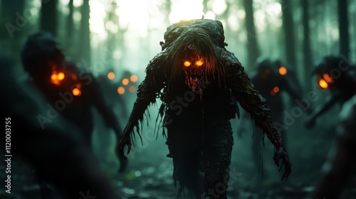 Shadowy creatures with glowing orange eyes appear in a dimly lit forest, creating an eerie and otherworldly atmosphere that suggests supernatural presences. photo