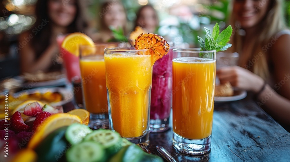 Fototapeta premium Bright sunshine illuminates a table full of colorful drinks and delicious dishes as friends gather to enjoy a cheerful breakfast together, sharing laughter and stories