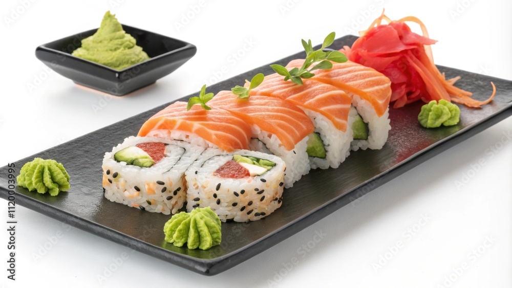 A modern take on sushi featuring distinctively printed rice shapes adorned with vivid fish toppings and green wasabi accents. A modern take on sushi featuring distinctively printed rice shapes adorned with vivid fish toppings and green wasabi accents.