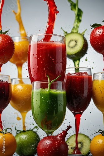 Vibrant colourful wallpaper of raw freshly squeezed fruit vegetable juice smoothie with splashes. Treatment and nutrition. Vegan healthcare lifestyle, healing. Alternative medicine. Bright poster. 