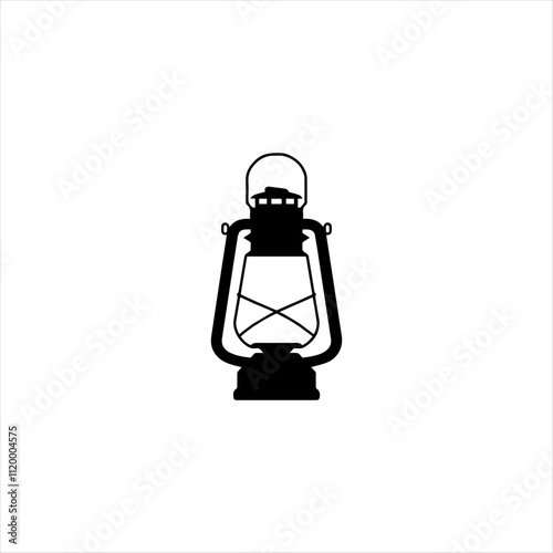 vintage oil lantern, silhouette, minimalist design, black and white, centered composition, traditional kerosene lamp, flat illustration, simplistic, isolated on white background
