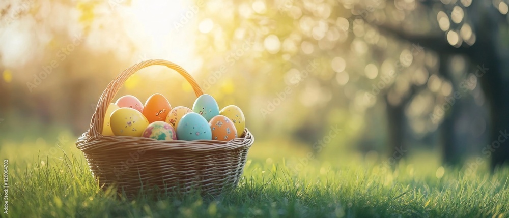 Painted Eggs In Basket On Grass In Sunny Orchard, Background with copy space. Selective focus Painted Eggs In Basket On Grass In Sunny Orchard, Background with copy space. Selective focus