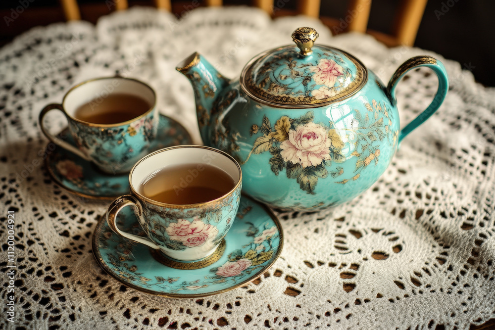 Elegant Tea Set with Floral Pattern on Lace Tablecloth Elegant Tea Set with Floral Pattern on Lace Tablecloth