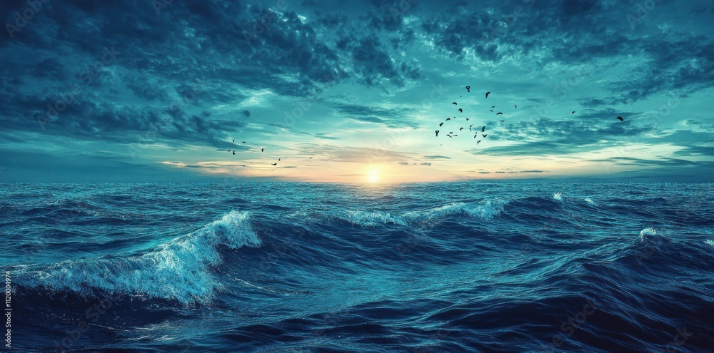 Dramatic Ocean Sunset with Birds in Flight Dramatic Ocean Sunset with Birds in Flight