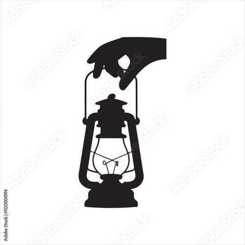 vintage oil lantern, silhouette, minimalist design, black and white, centered composition, traditional kerosene lamp, flat illustration, simplistic, isolated on white background
