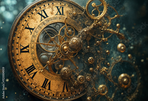 Gold clockwork gears and Roman numerals are shown disintegrating. photo