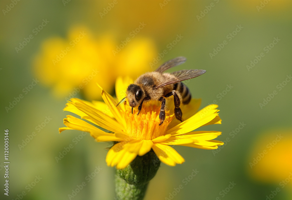 A honeybee collects nectar from bright yellow flower petals. A honeybee collects nectar from bright yellow flower petals.