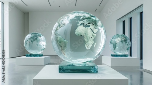 Glass globe sculptures depicting continents in minimalist museum setting photo