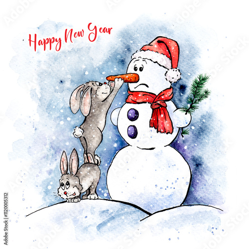 Funny New Year card with hares and a snowman on a snowdrift