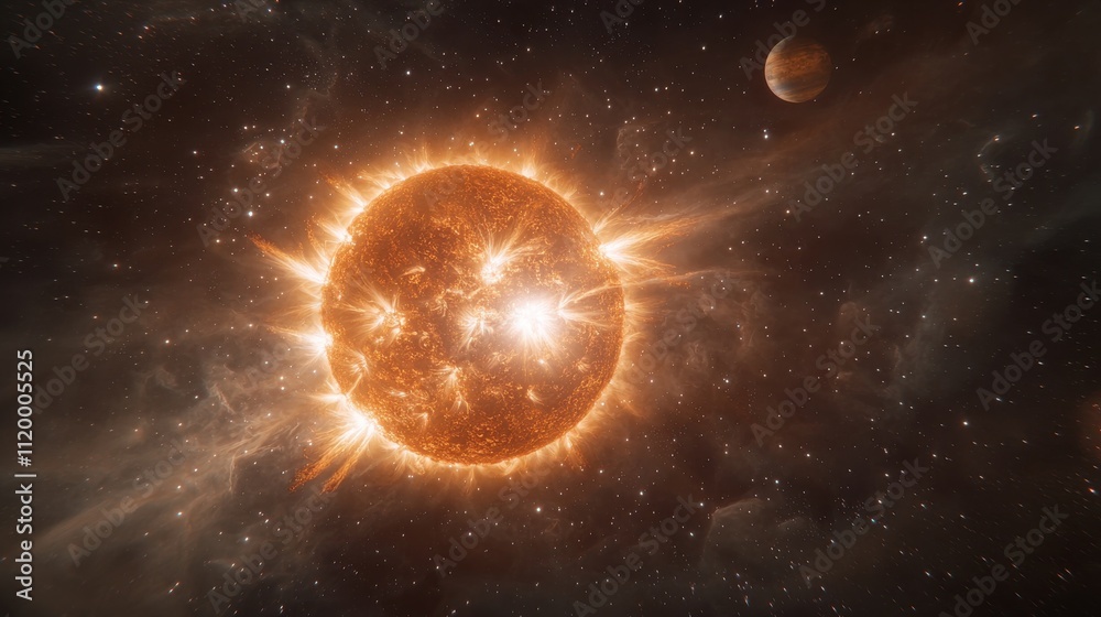Naklejka premium A brilliant solar eventradiant sun illuminating space cosmic environment celestial viewpoint energy concept