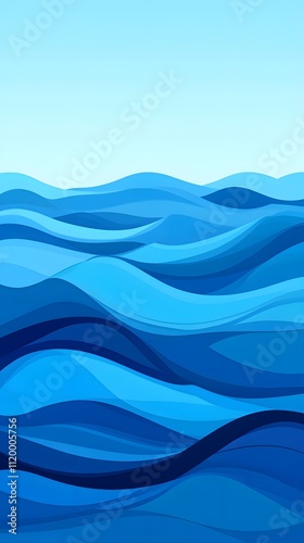 Flat vector illustration of blue ocean waves, simple flat design with a solid background