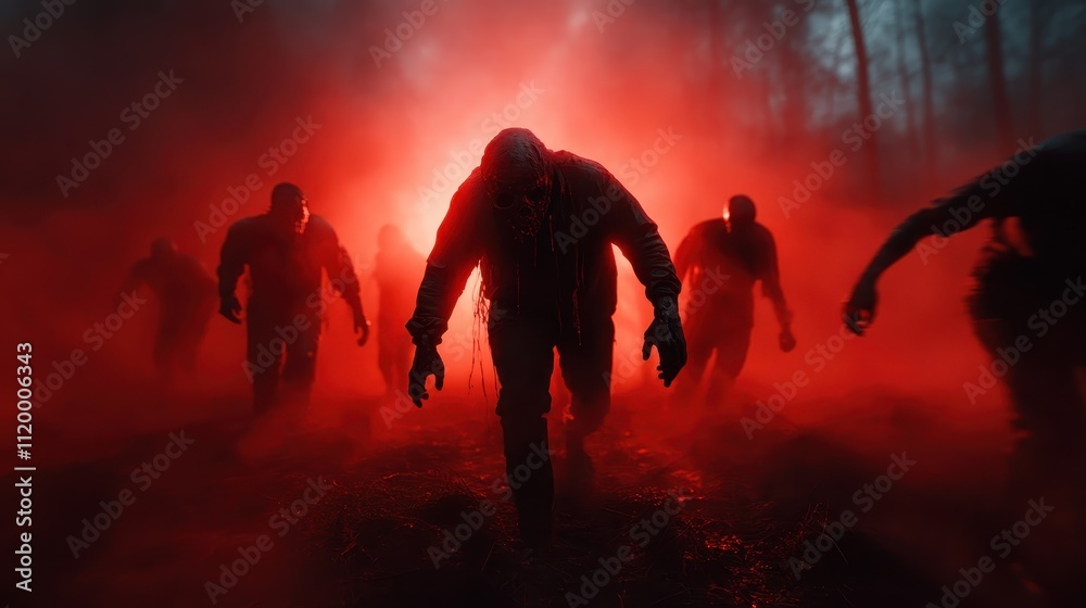 Fototapeta premium Figures emerge eerily from a thick red mist in a forest setting, embodying themes of uncertainty and dread, depicted in a surreal, haunting fashion.