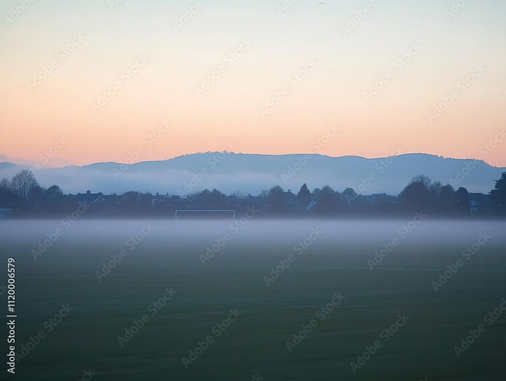 Serene landscape of a misty field at sunrise with distant mountains
Serene landscape of a misty field at sunrise with distant mountains