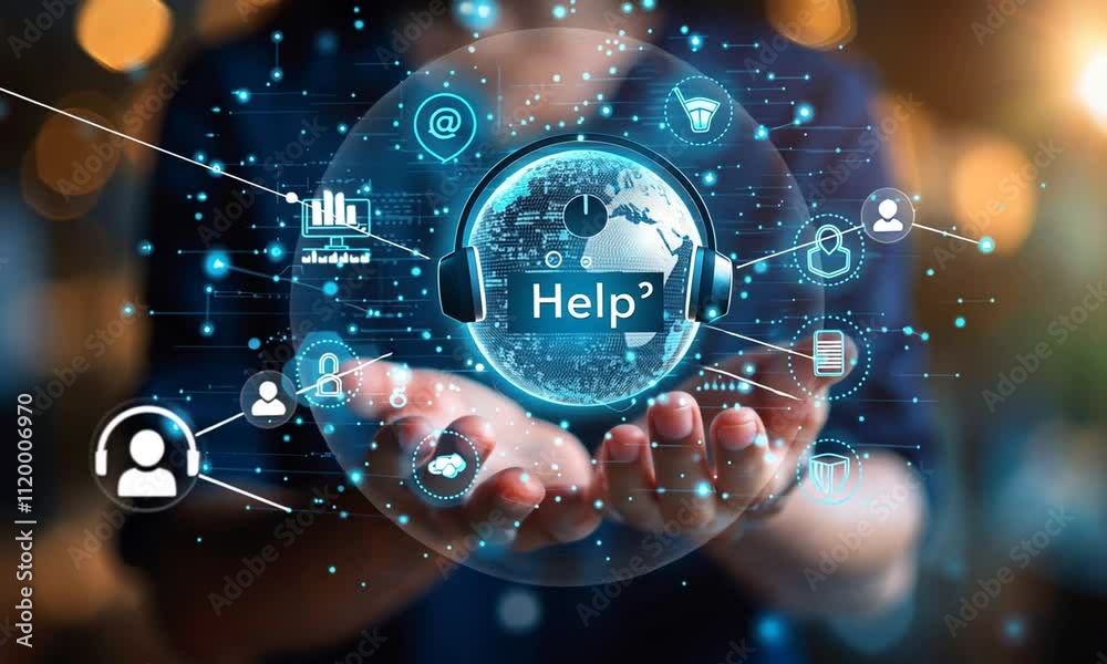 Global tech support concept.  Person holding a glowing orb with headphones and 'Help' text, surrounded by digital icons representing online assistance, security, and data.