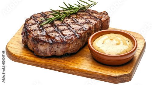 Grilled tenderloin steak with fresh rosemary juicy beef fillet lunch close-up photo