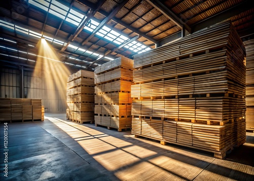 Silhouette of Fastened Sawn Rectangular Wooden Pine Sticks in a Warehouse, Showcasing Industrial Storage and Natural Materials Against a Backlit Background