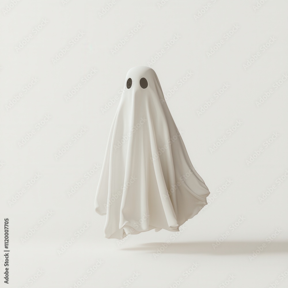 Classic White Sheet Ghost Costume With Black Eye Cutouts Floating on Isolated White Background Classic White Sheet Ghost Costume With Black Eye Cutouts Floating on Isolated White Background