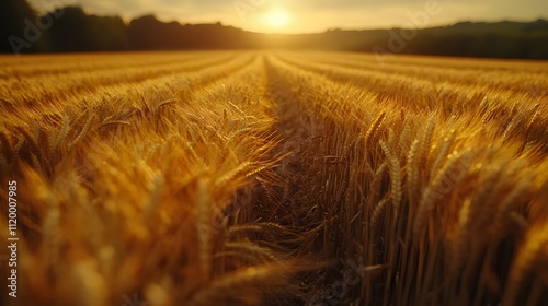 Golden wheat field at sunset dry landscape nature photography tranquil environment perspective photo