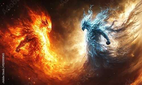 A fiery clash between elemental beings representing fire and ice in a cosmic setting.