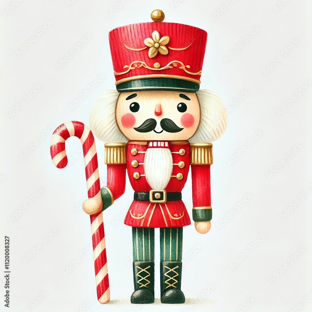 Fototapeta premium Colorful nutcracker soldier with candy cane, symbolizing holiday cheer and festive spirit, ideal for Christmas decor.