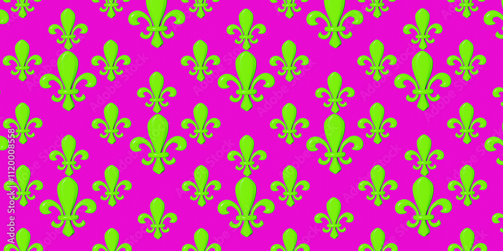 Pattern with fleur de lis, strings of beads. Mardi gras carnival design. 3d render. Pattern with fleur de lis, strings of beads. Mardi gras carnival design. 3d render.