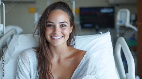 A young woman with long hair sits in a hospital bed, smiling warmly, suggesting themes of healing, health, and a comforting medical environment. photo