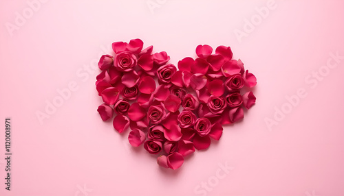 Romantic heart made of rose petals on a soft pink background for Valentine's Day