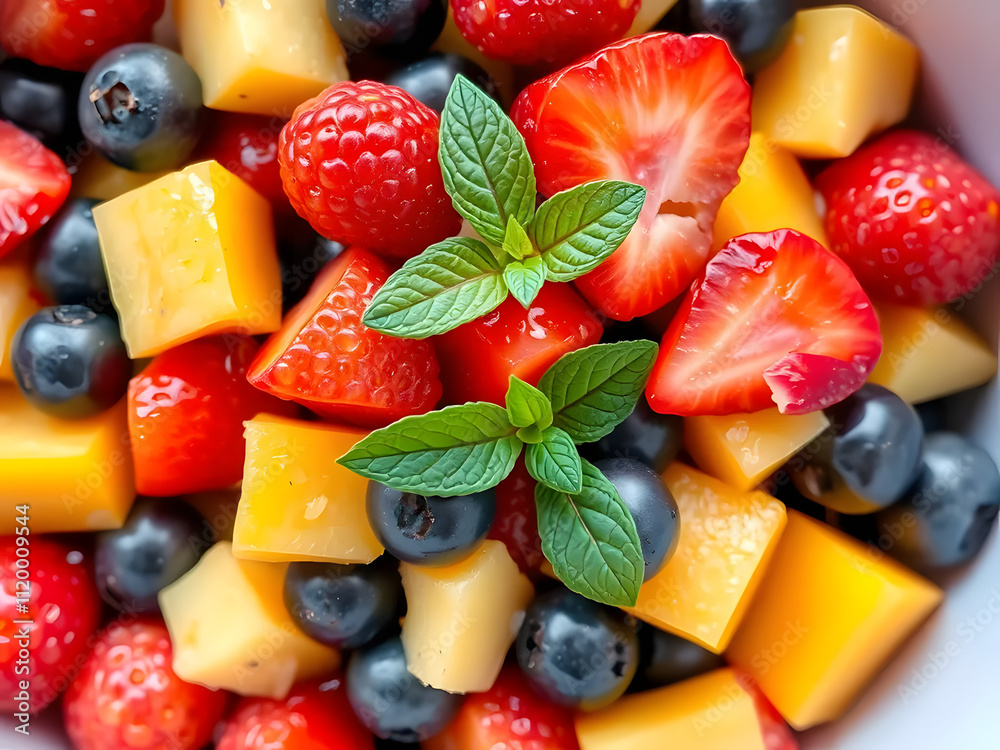 vibrant fruit salad with colorful berries, tropical fruits, and a mint garnish served vibrant fruit salad with colorful berries, tropical fruits, and a mint garnish served