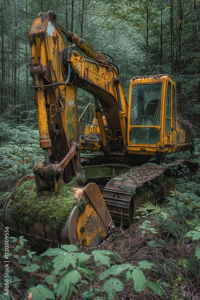 Abandoned Excavator in Forest Overgrown Rustic Nature Decay Machinery Industrial Heavy Equipment Abandoned Excavator in Forest Overgrown Rustic Nature Decay Machinery Industrial Heavy Equipment