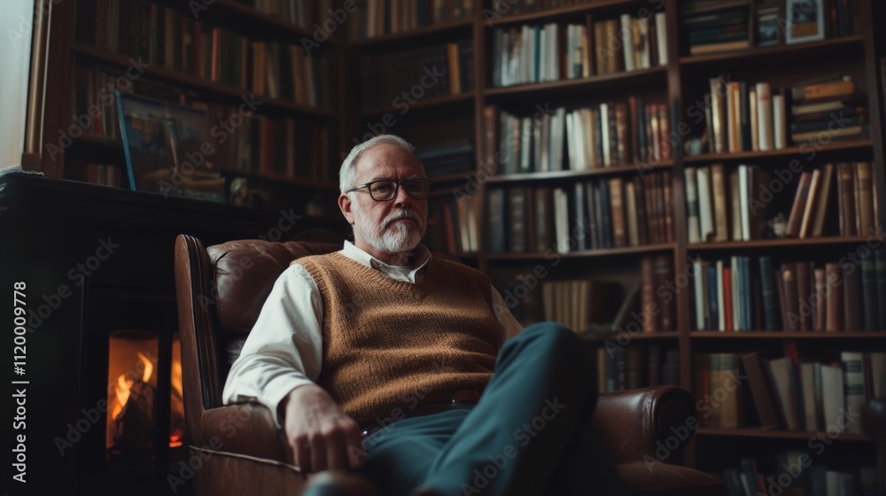 A cozy library scene with an older man sitting comfortably in a chair surrounded by books and a warm fire.