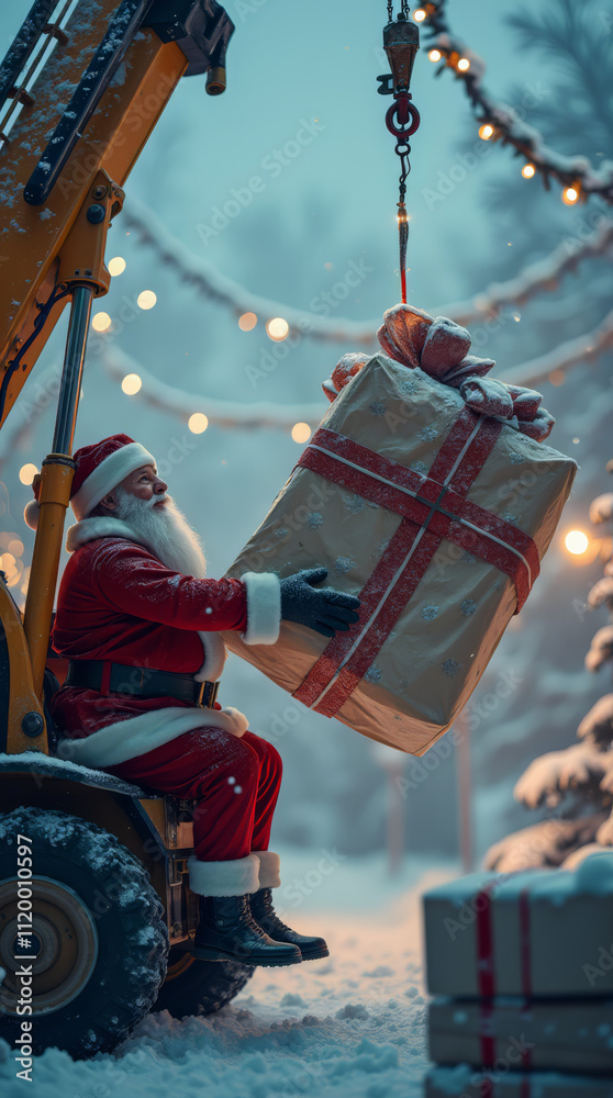 Santa Operating a Crane Lifting a Giant Wrapped Gift Santa Operating a Crane Lifting a Giant Wrapped Gift
