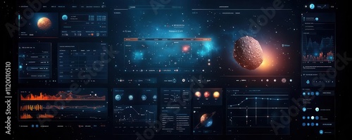 A futuristic digital interface displaying astronomical data, including a celestial body, graphs, and various metrics related to space exploration. photo