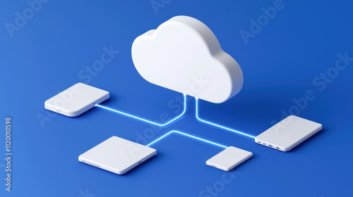 Networking Cloud Computing, A stylized cloud icon connected to devices, representing cloud computing and data sharing technology on a blue background.