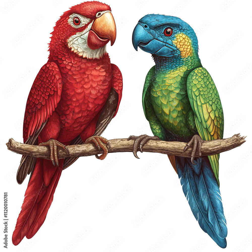 Obraz premium Two vibrant parrots, one red and one green blue, perched on branch, showcasing their colorful feathers and tropical charm