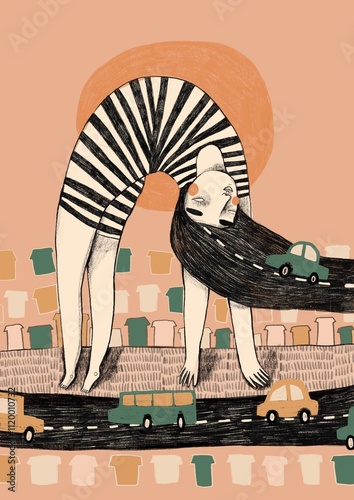 Girl doing acrobatics and her hair is turned into a road