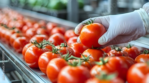 Fresh handpicked tomatoes on conveyor belt in modern food processing facility