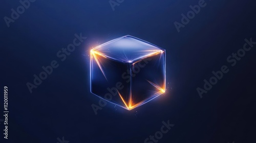A glowing, transparent cube with light reflections and a dark background.