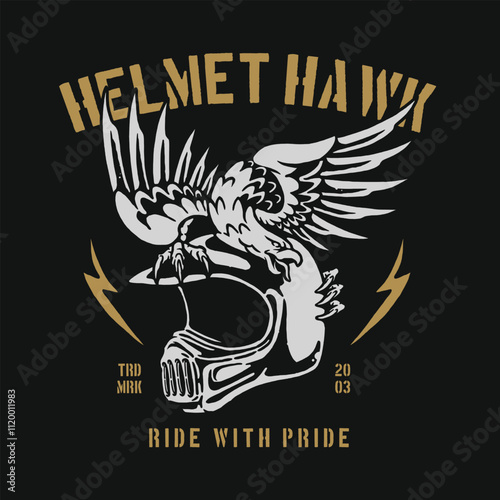 Vintage-inspired logo featuring a powerful eagle perched on a motorcycle helmet, ideal for motorcycle club branding, custom apparel, and promotional merchandise.