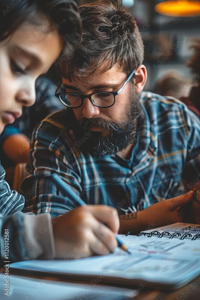 A child carefully writing letters and numbers in a notebook while parents observe