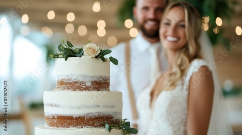 A joyful couple smiles beside a semi-naked tiered cake decorated with a single rose and greenery, illuminated by decorative overhead lighting. photo